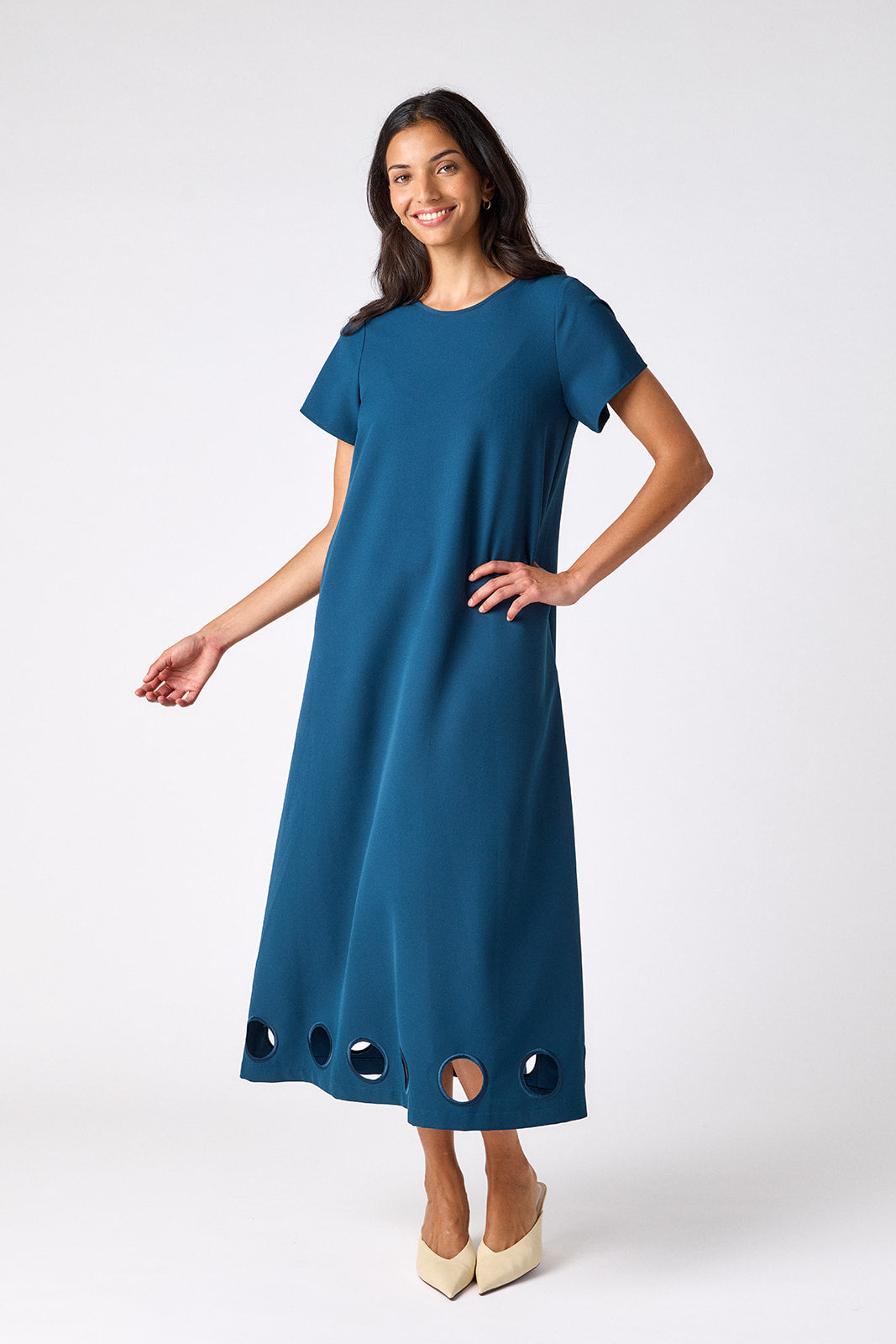 Midnight tent-style short sleeve dress on model – CROSBY by Mollie Burch