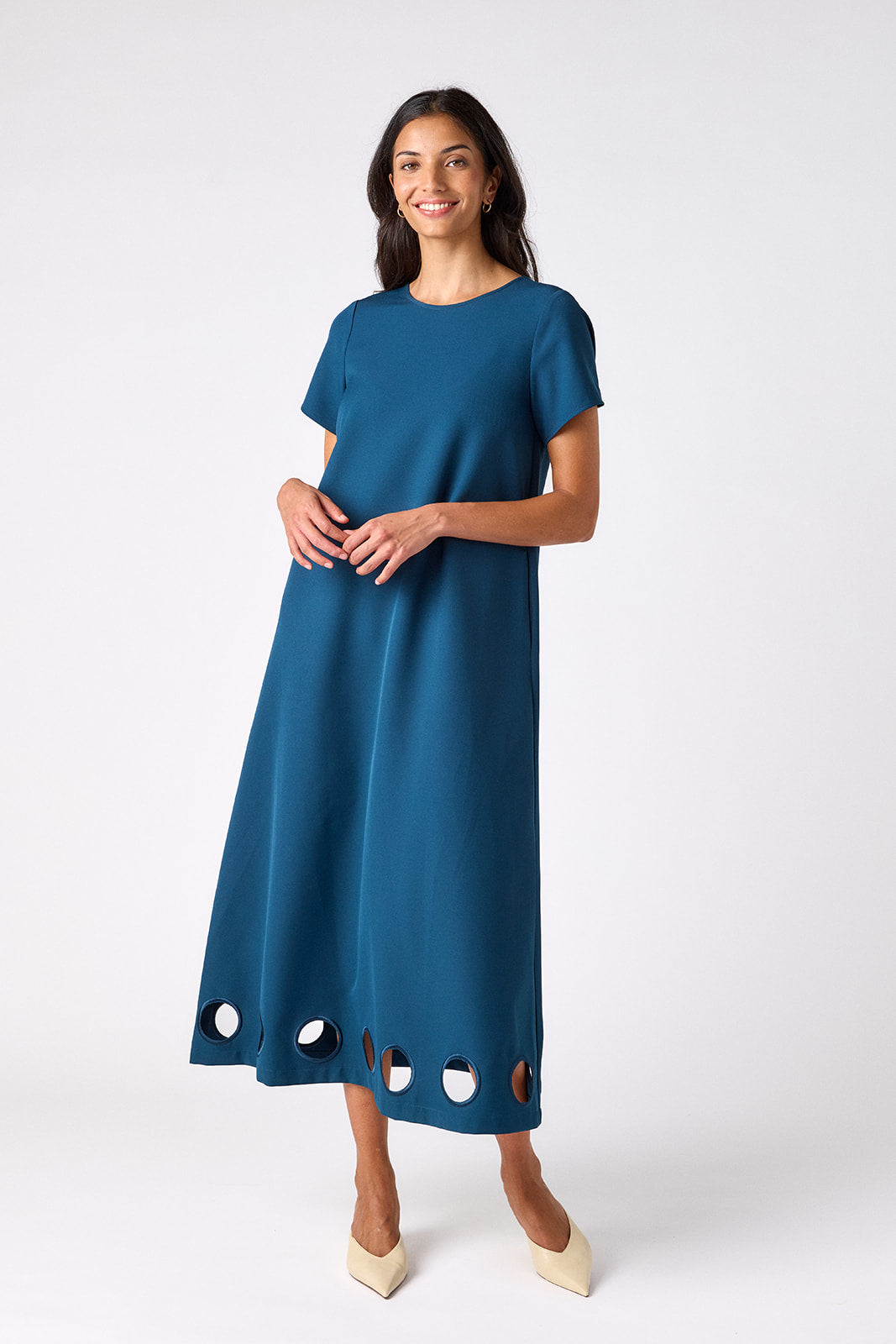 Midnight tent-style short sleeve dress on model – CROSBY by Mollie Burch