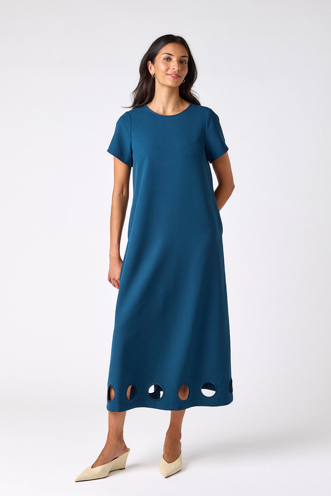 Midnight tent-style short sleeve dress on model – CROSBY by Mollie Burch