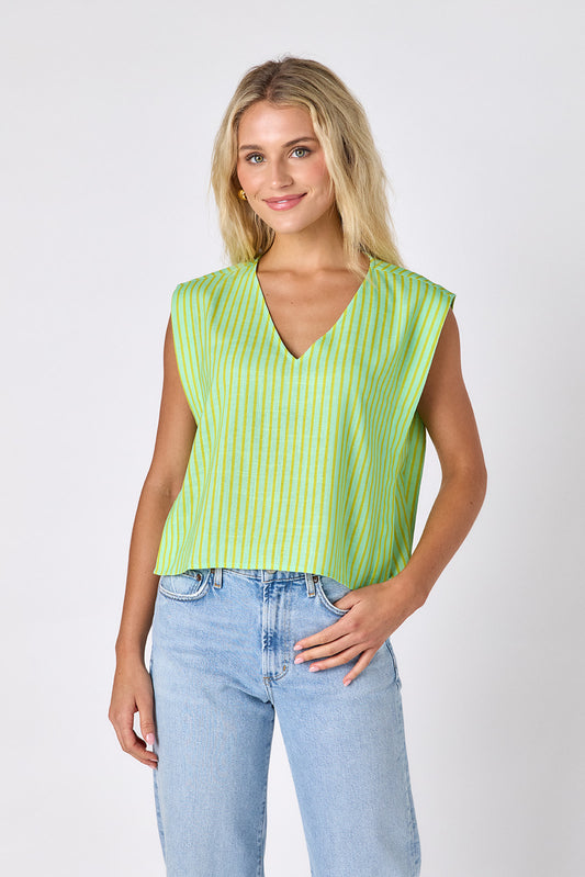 Minty Stripe crop-length tank top with v-neck on model — CROSBY by Mollie Burch