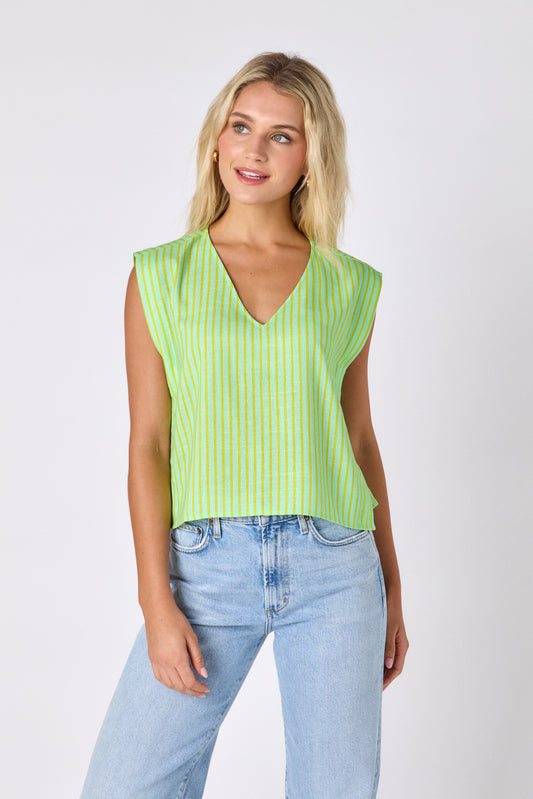 Minty Stripe crop-length tank top with v-neck on model — CROSBY by Mollie Burch