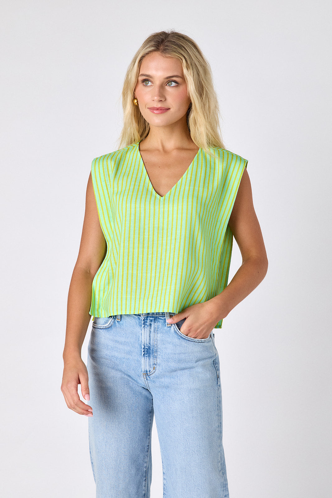 Minty Stripe crop-length tank top with v-neck on model — CROSBY by Mollie Burch