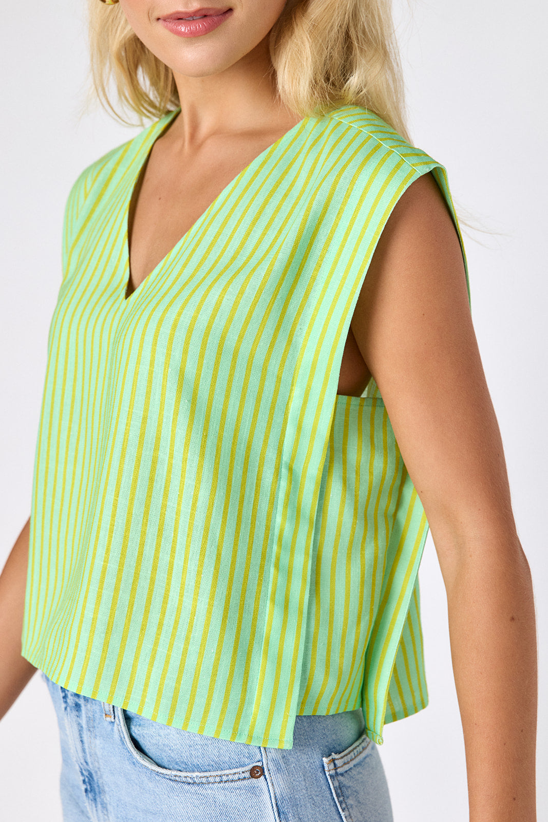 Minty Stripe crop-length tank top with v-neck on model — CROSBY by Mollie Burch