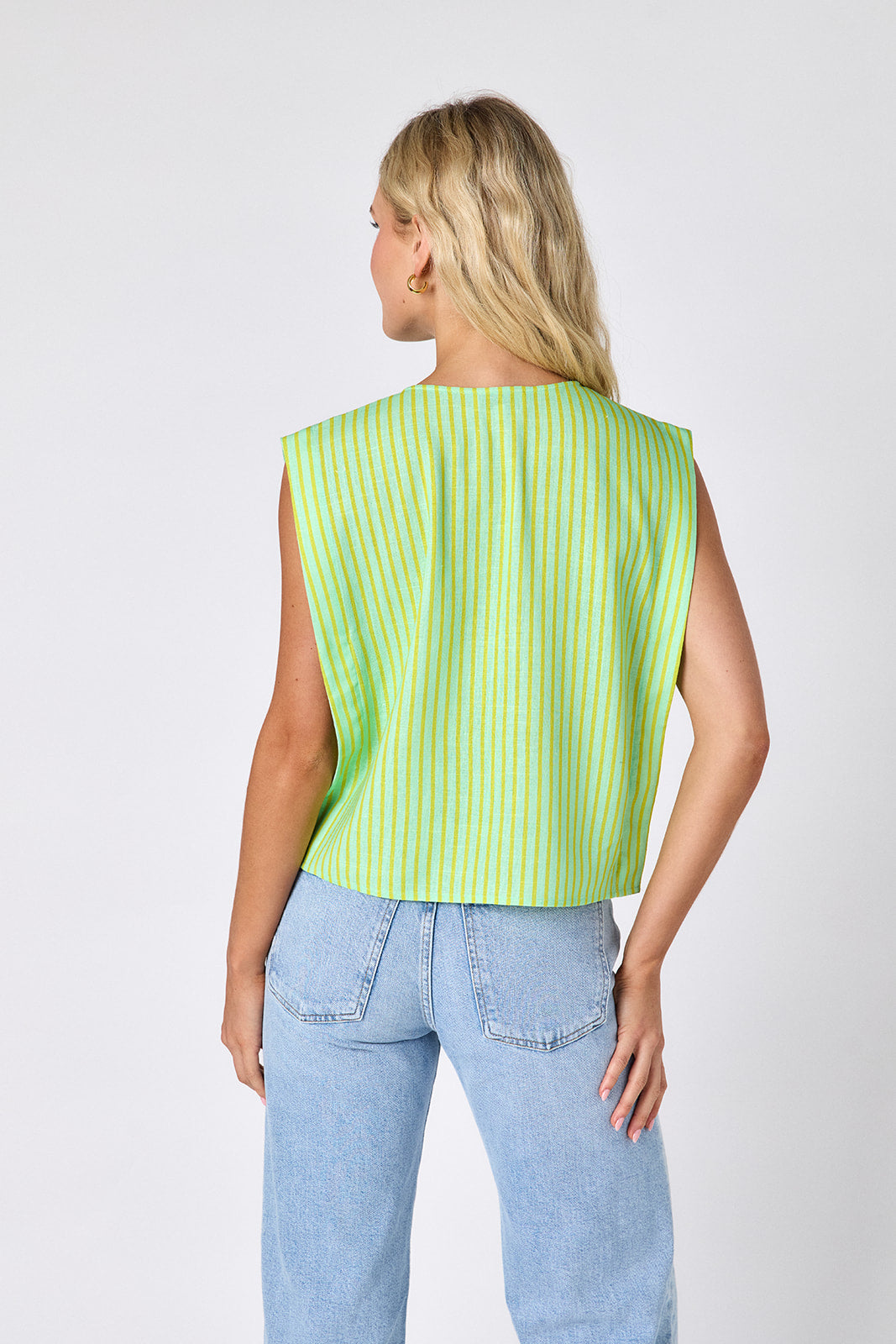 Minty Stripe crop-length tank top with v-neck on model — CROSBY by Mollie Burch