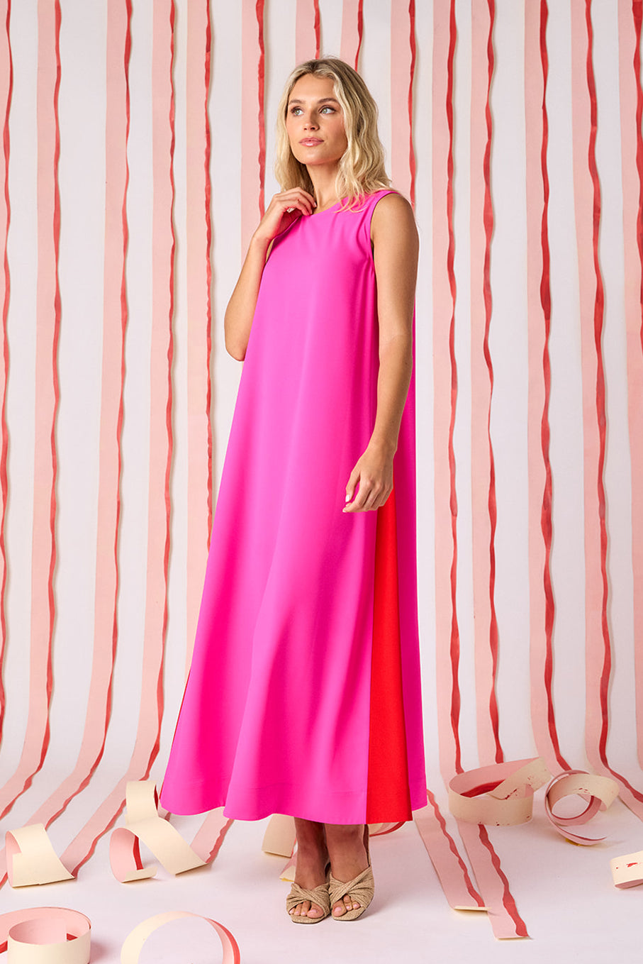 Mollie Pink voluminous sleeveless maxi dress on model — CROSBY by Mollie Burch