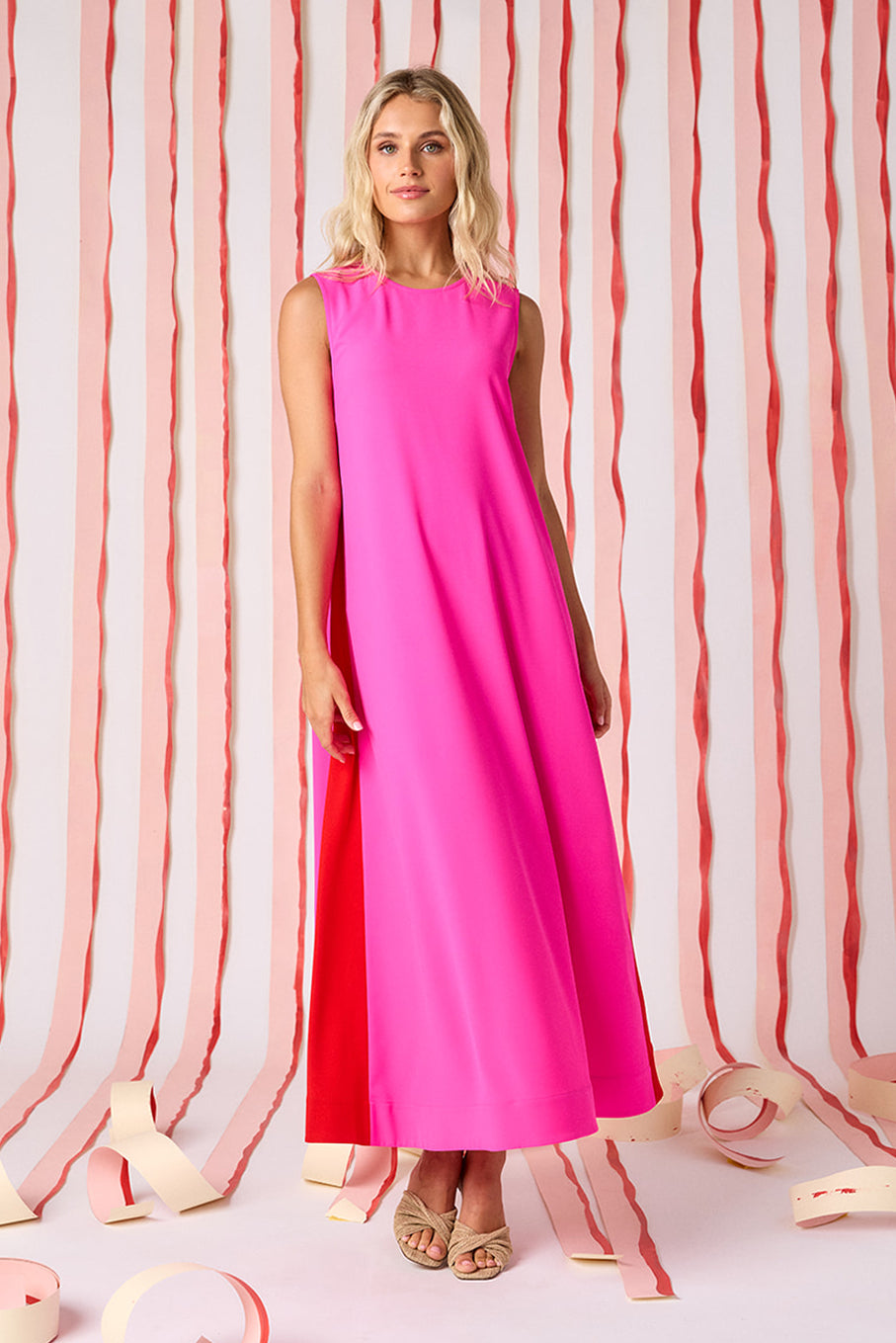 Mollie Pink voluminous sleeveless maxi dress on model — CROSBY by Mollie Burch