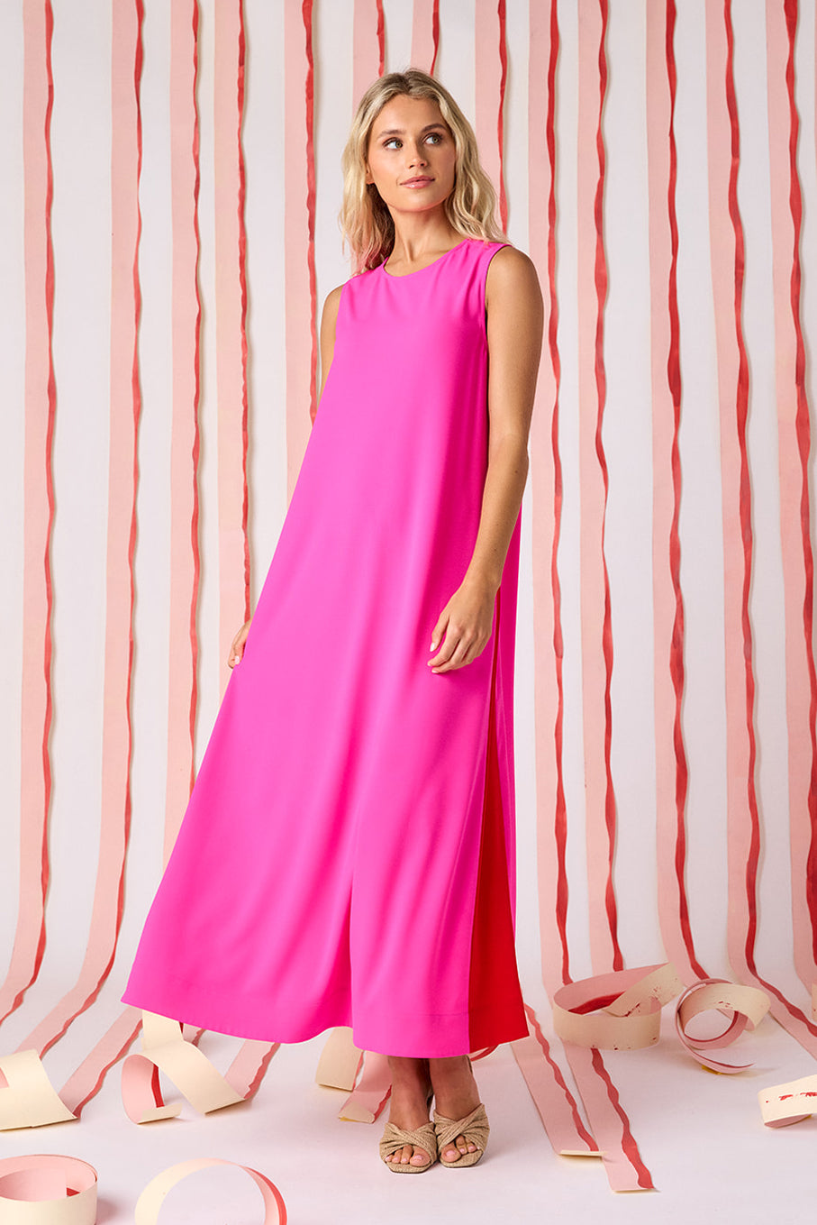 Mollie Pink voluminous sleeveless maxi dress on model — CROSBY by Mollie Burch