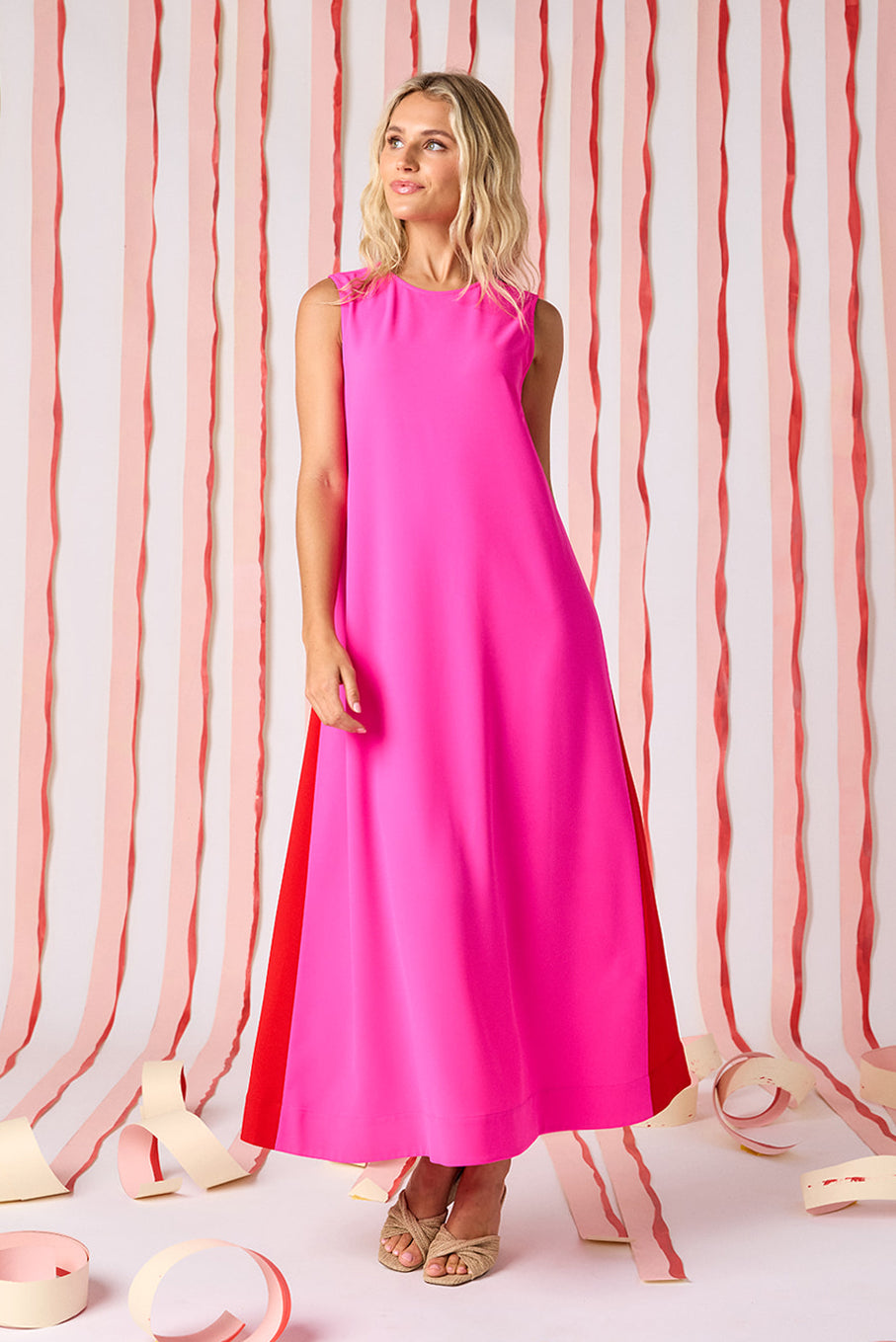 Mollie Pink voluminous sleeveless maxi dress on model — CROSBY by Mollie Burch