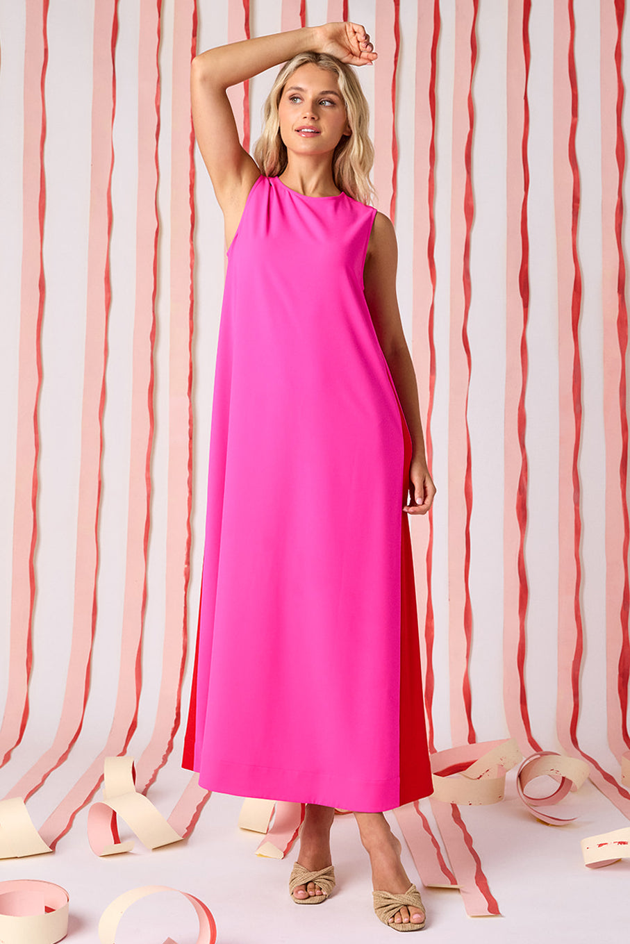 Mollie Pink voluminous sleeveless maxi dress on model — CROSBY by Mollie Burch