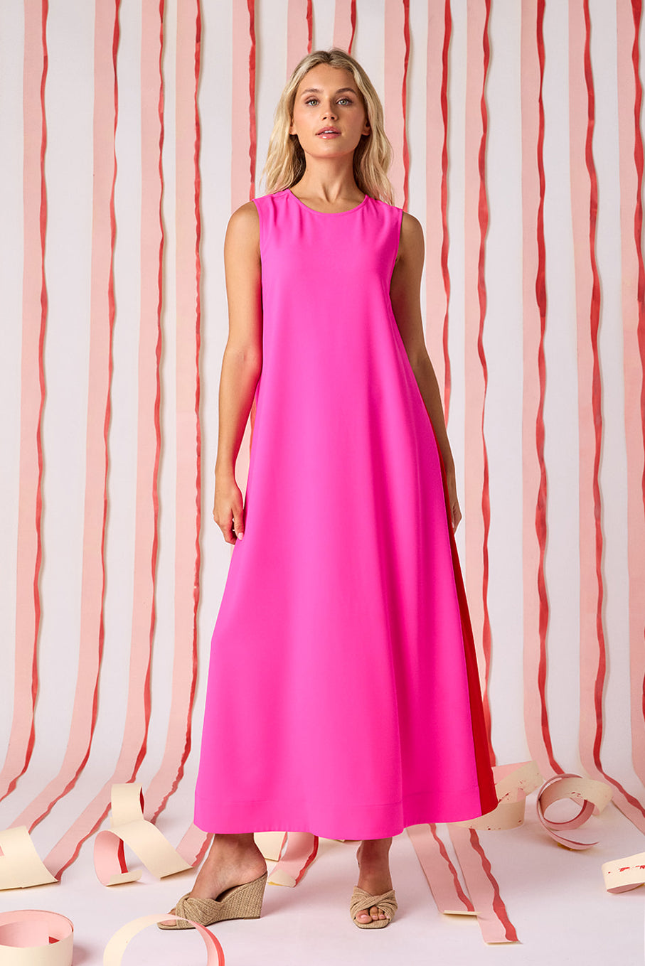 Mollie Pink voluminous sleeveless maxi dress on model — CROSBY by Mollie Burch