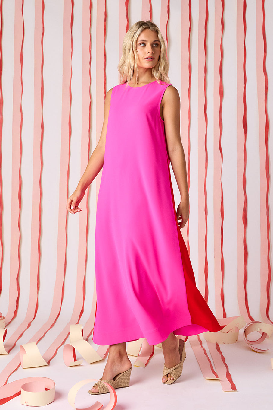 Mollie Pink voluminous sleeveless maxi dress on model — CROSBY by Mollie Burch