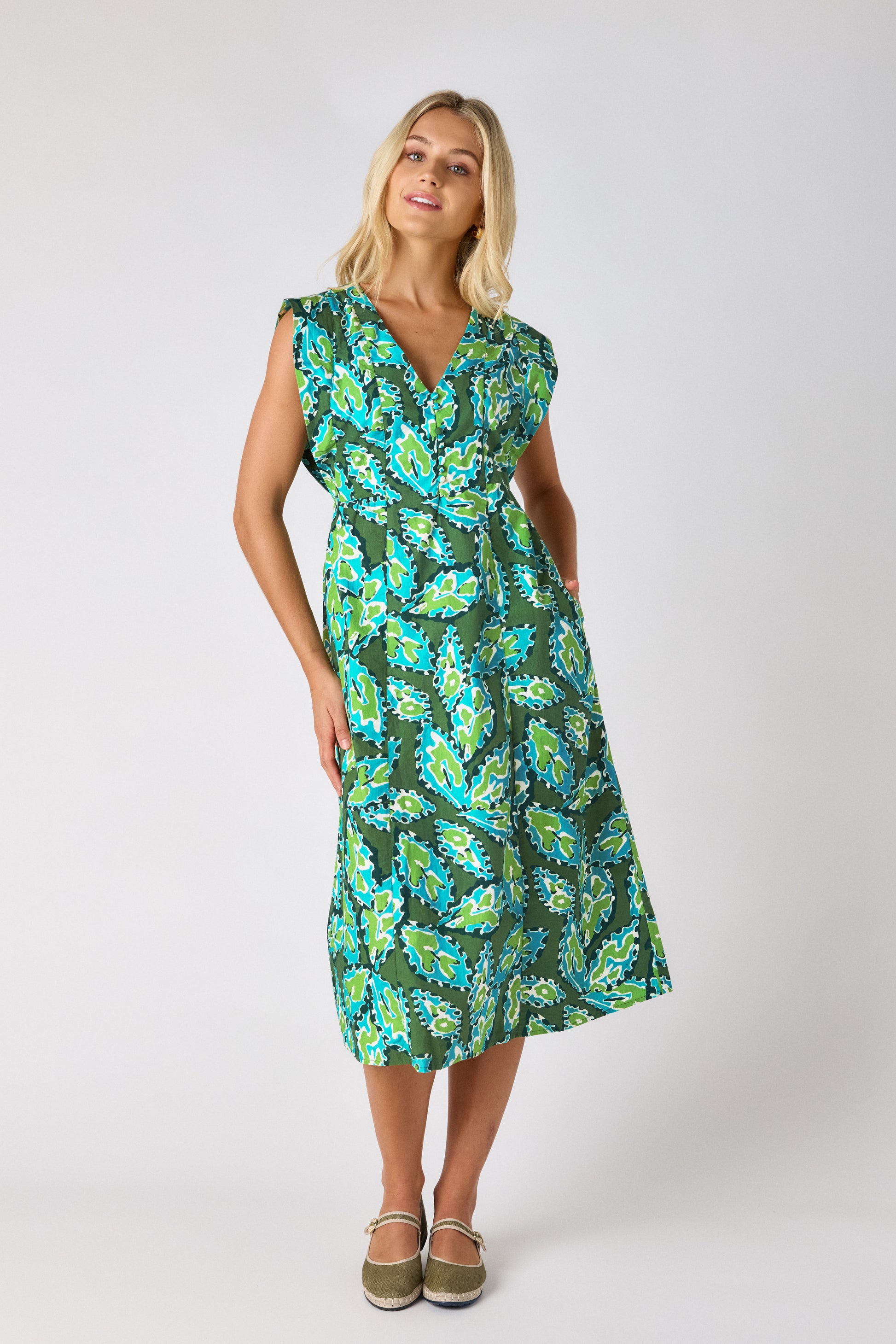 Moss Mirage A-line midi dress on model — CROSBY by Mollie Burch