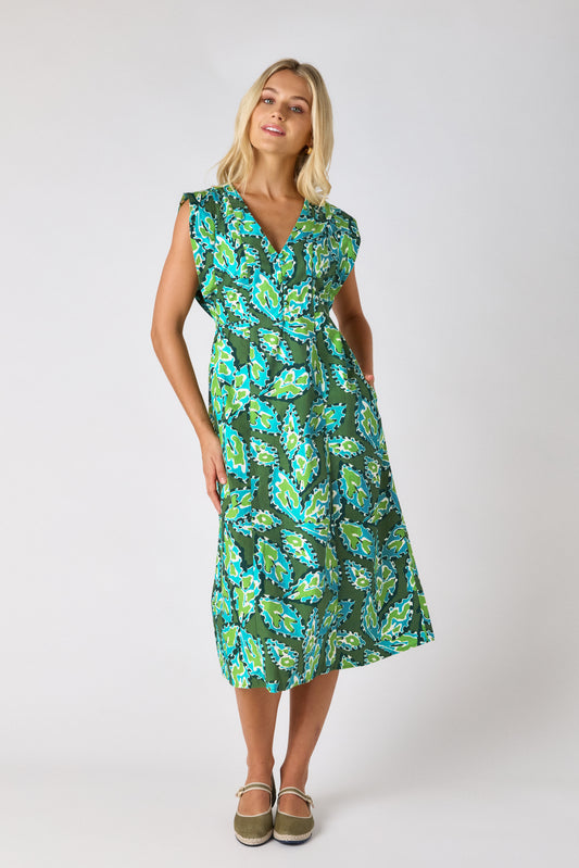 Moss Mirage A-line midi dress on model — CROSBY by Mollie Burch