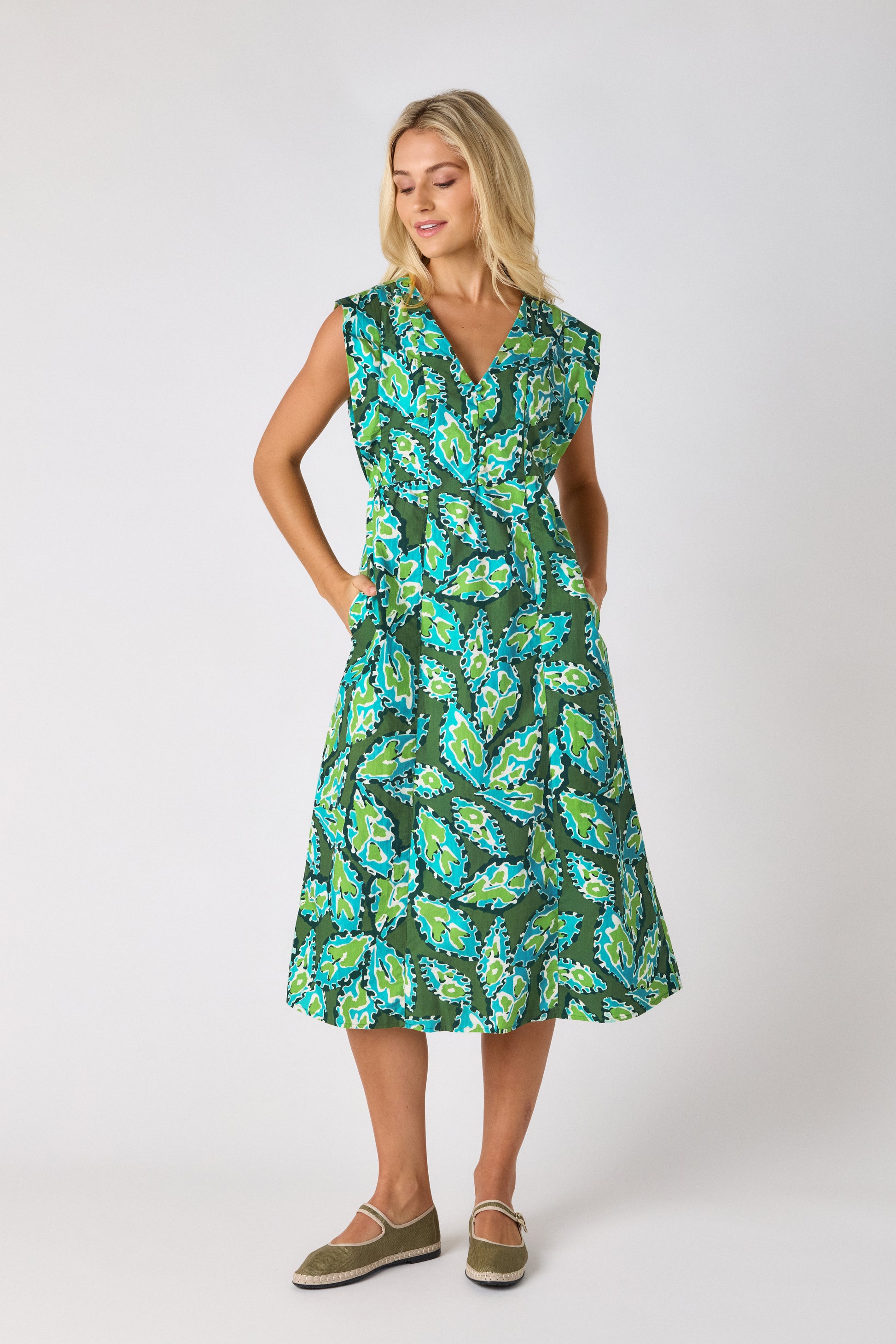 Moss Mirage A-line midi dress on model — CROSBY by Mollie Burch