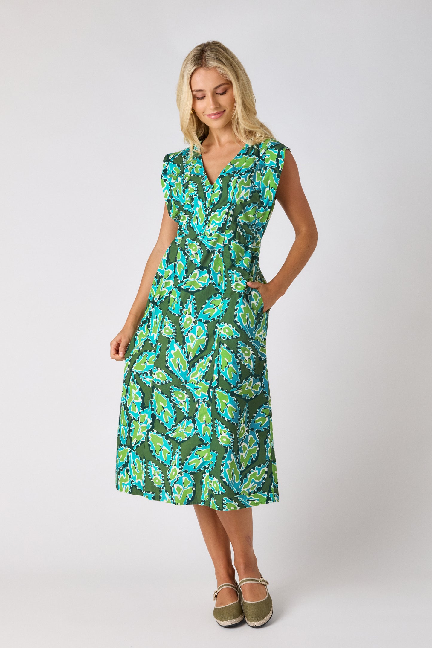 Moss Mirage A-line midi dress on model — CROSBY by Mollie Burch