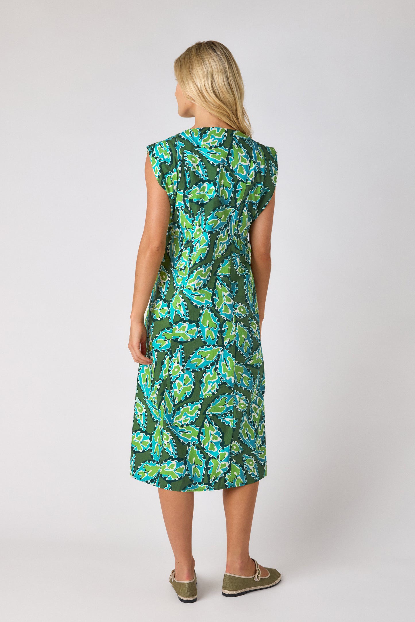 Moss Mirage A-line midi dress on model — CROSBY by Mollie Burch