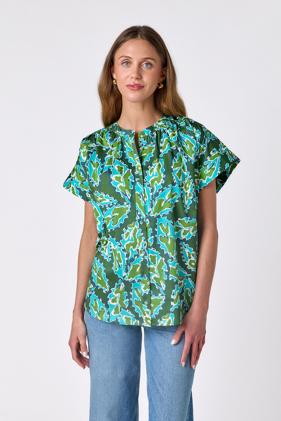 Moss Mirage buttondown tunic top on model — CROSBY by Mollie Burch