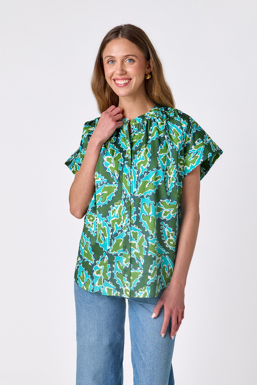 Moss Mirage buttondown tunic top on model — CROSBY by Mollie Burch
