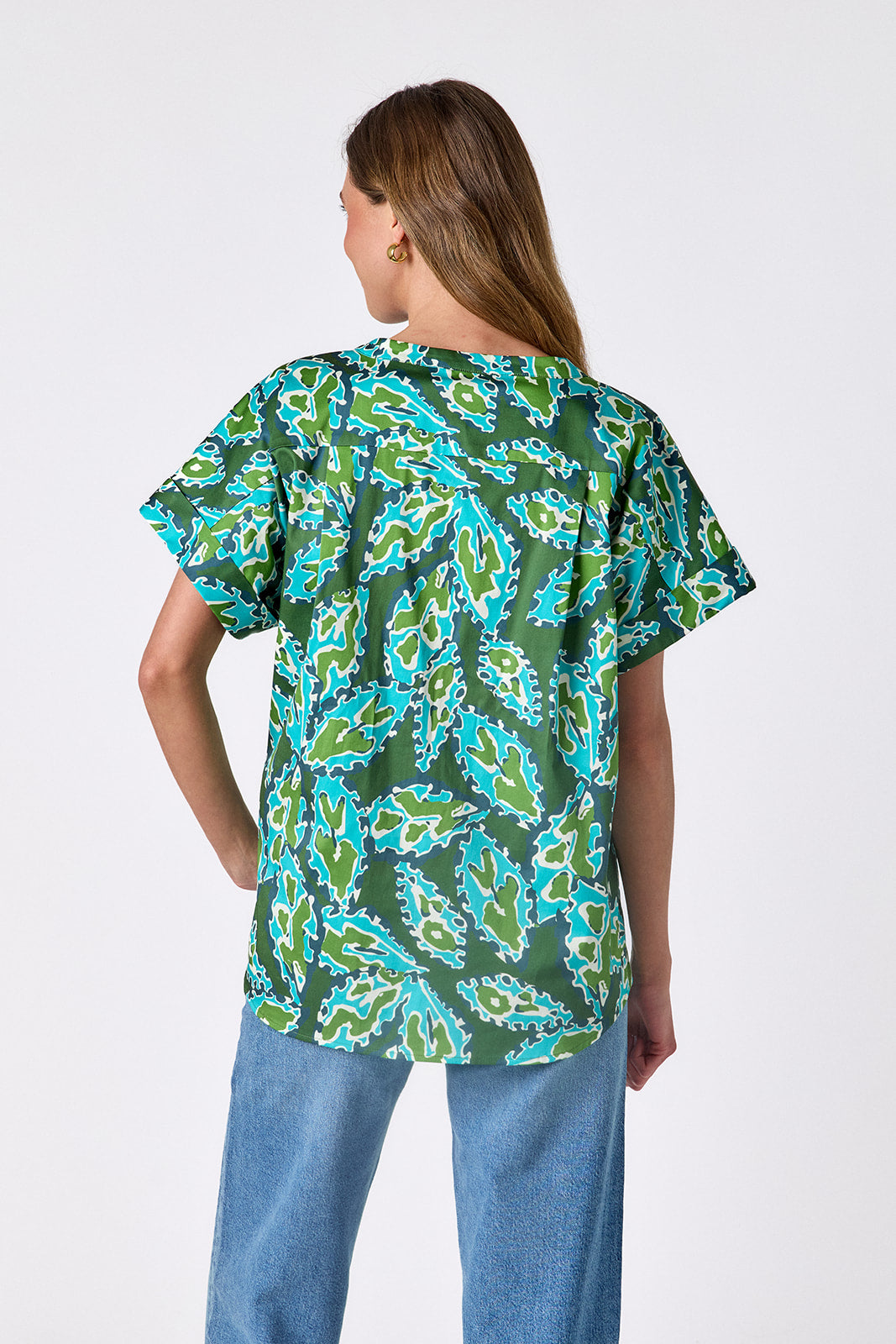 Moss Mirage buttondown tunic top on model — CROSBY by Mollie Burch