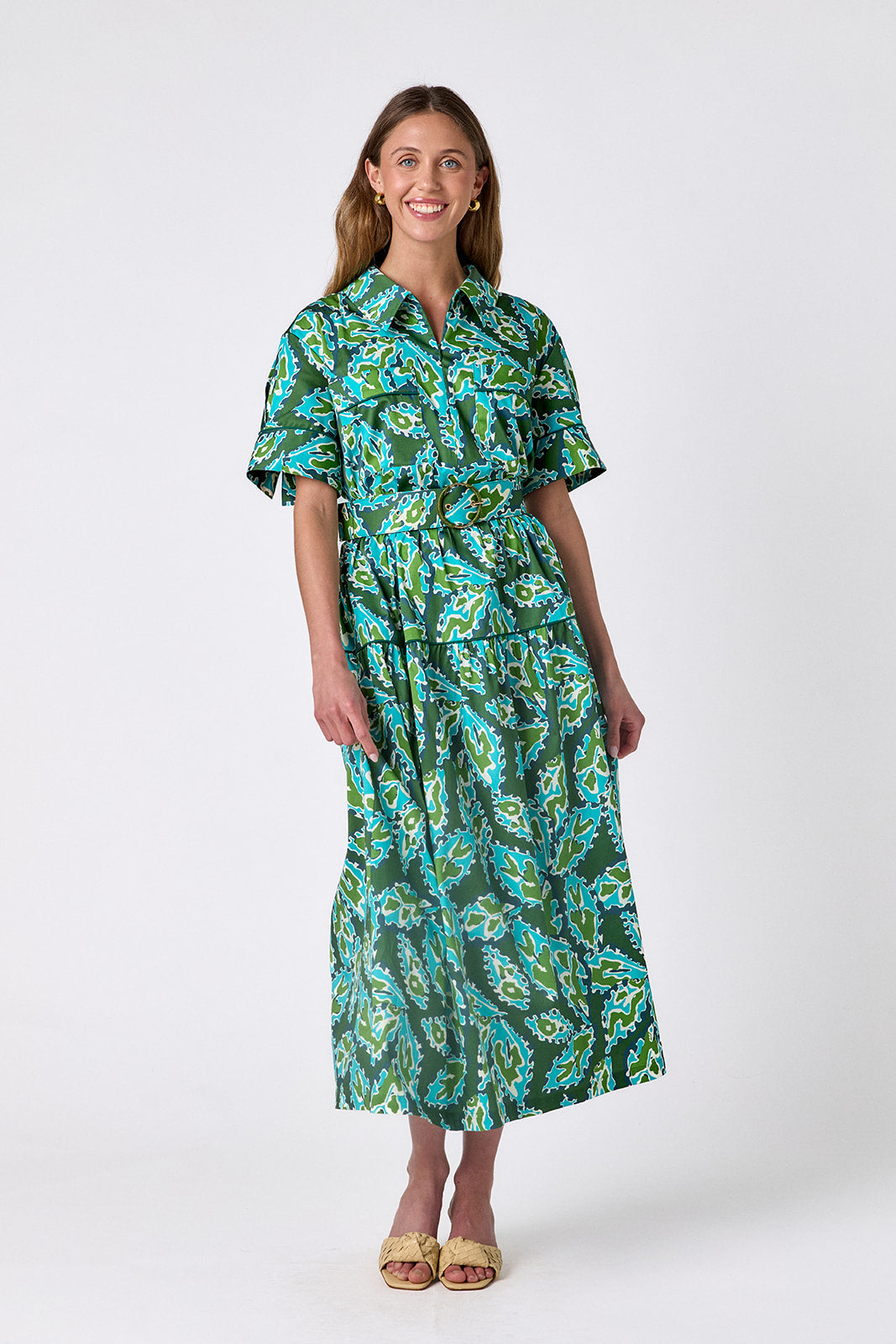 Moss Mirage short-sleeve collared midi dress with belt on model — CROSBY by Mollie Burch