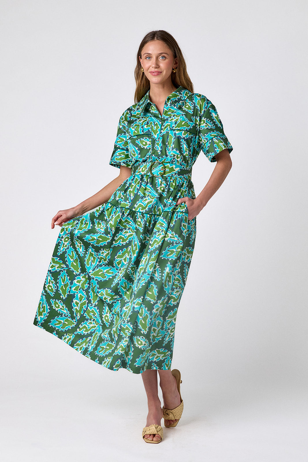 Moss Mirage short-sleeve collared midi dress with belt on model — CROSBY by Mollie Burch
