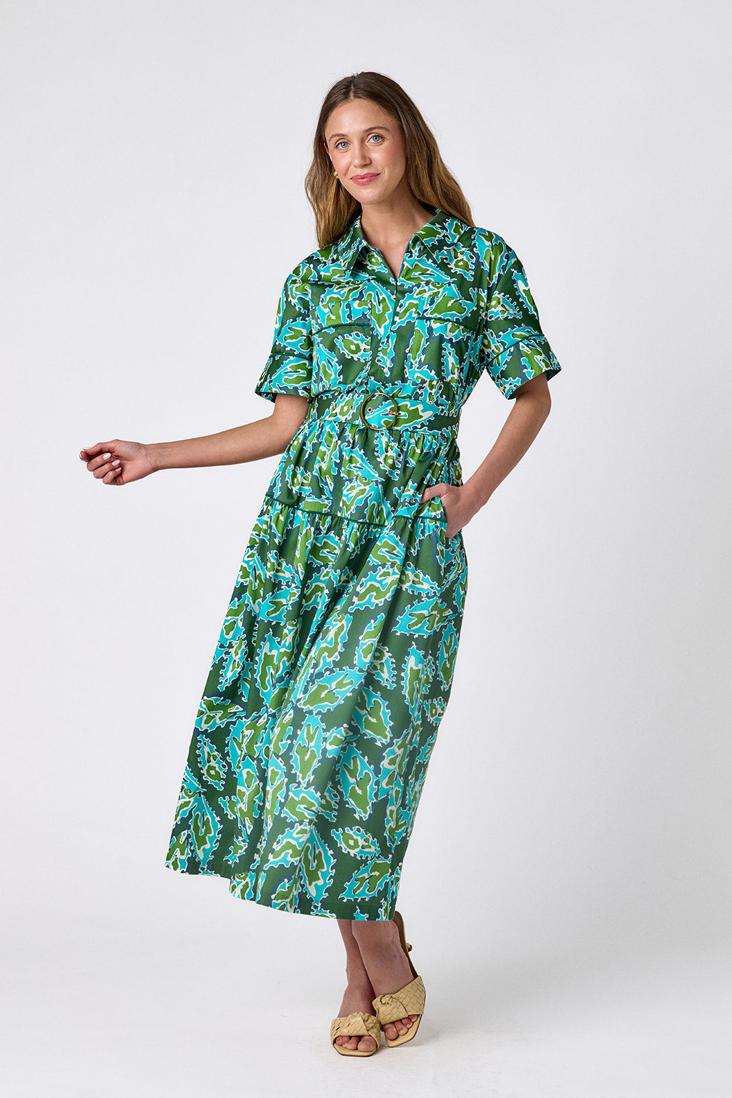 Moss Mirage short-sleeve collared midi dress with belt on model — CROSBY by Mollie Burch