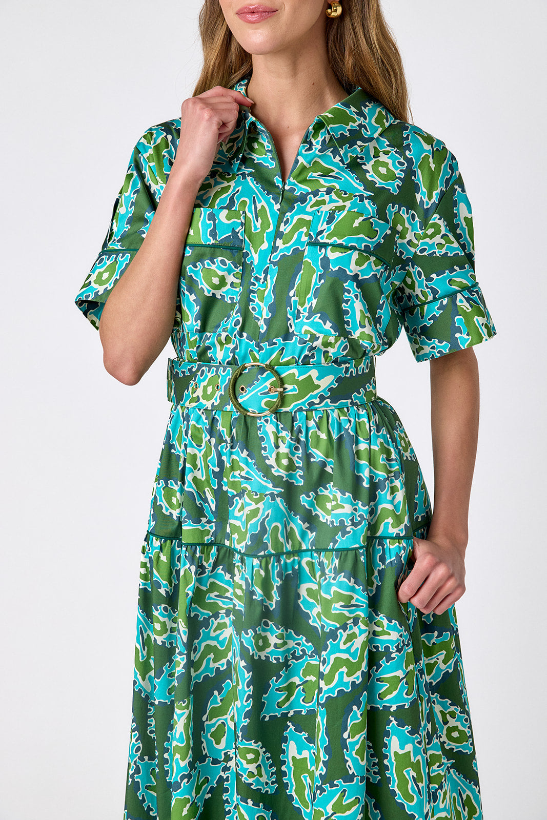 Moss Mirage short-sleeve collared midi dress with belt on model — CROSBY by Mollie Burch