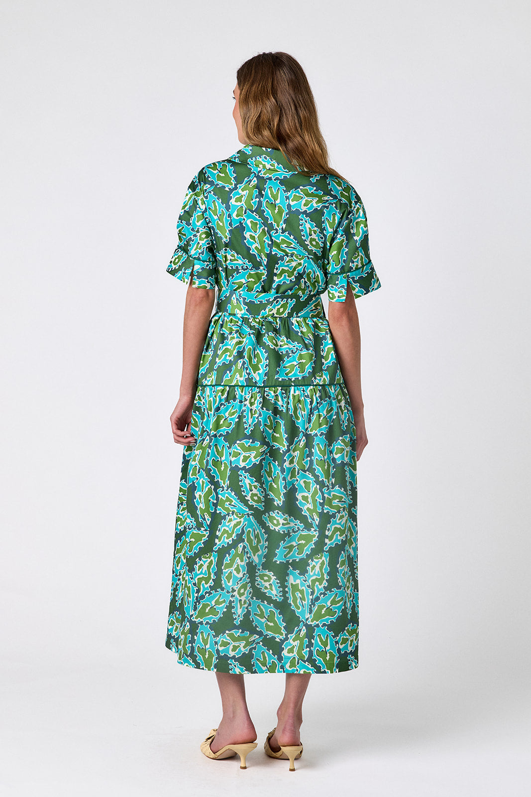 Moss Mirage short-sleeve collared midi dress with belt on model — CROSBY by Mollie Burch