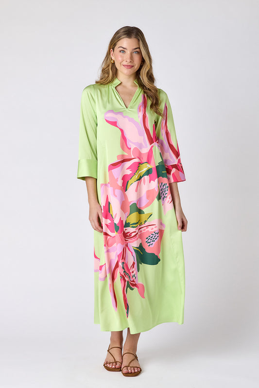 Orchid caftan style midi dress on model — CROSBY by Mollie Burch