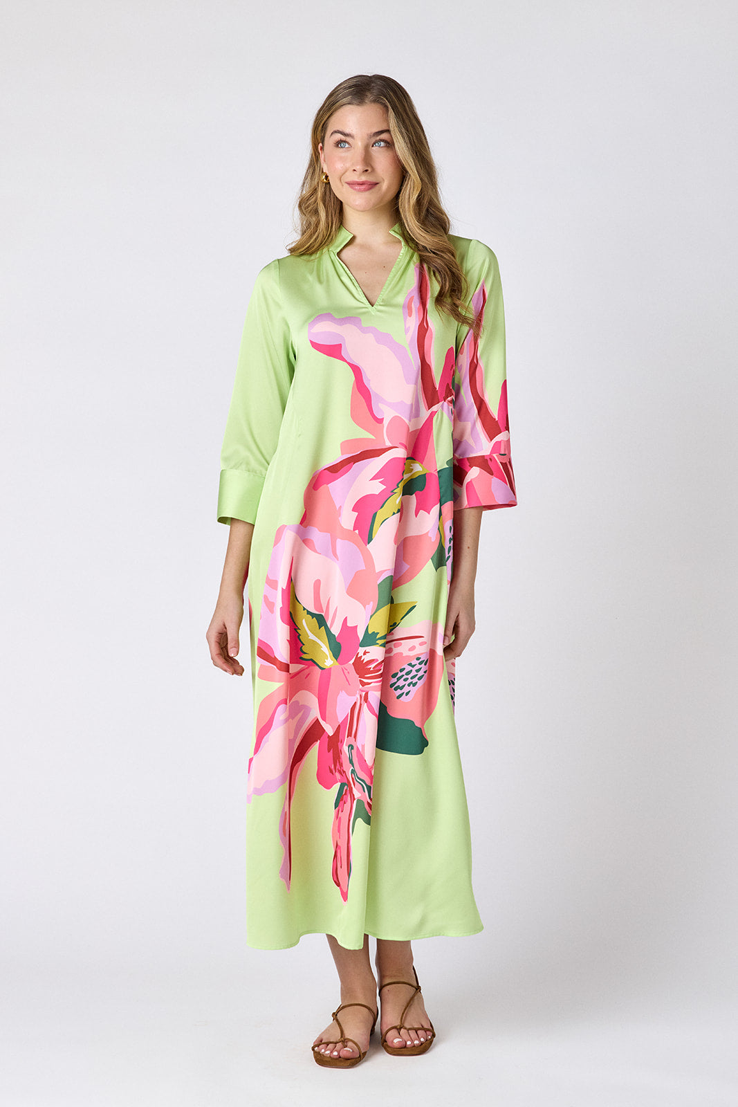 Orchid caftan style midi dress on model — CROSBY by Mollie Burch