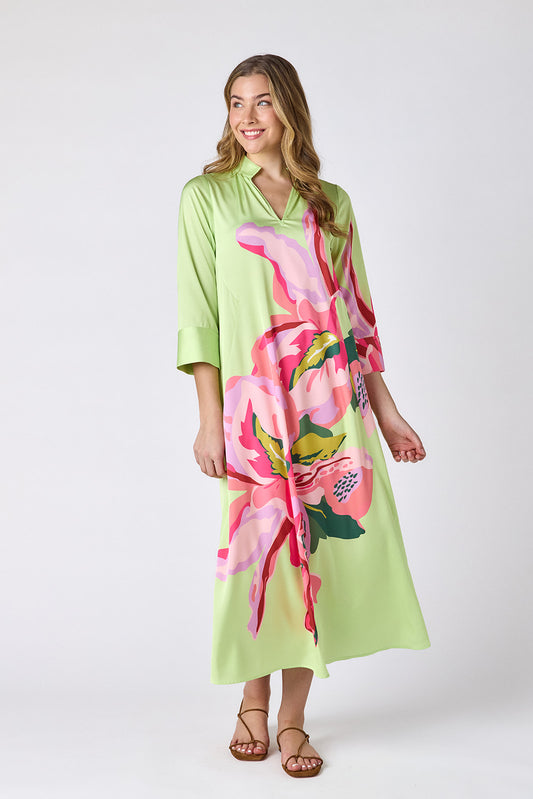 Orchid caftan style midi dress on model — CROSBY by Mollie Burch