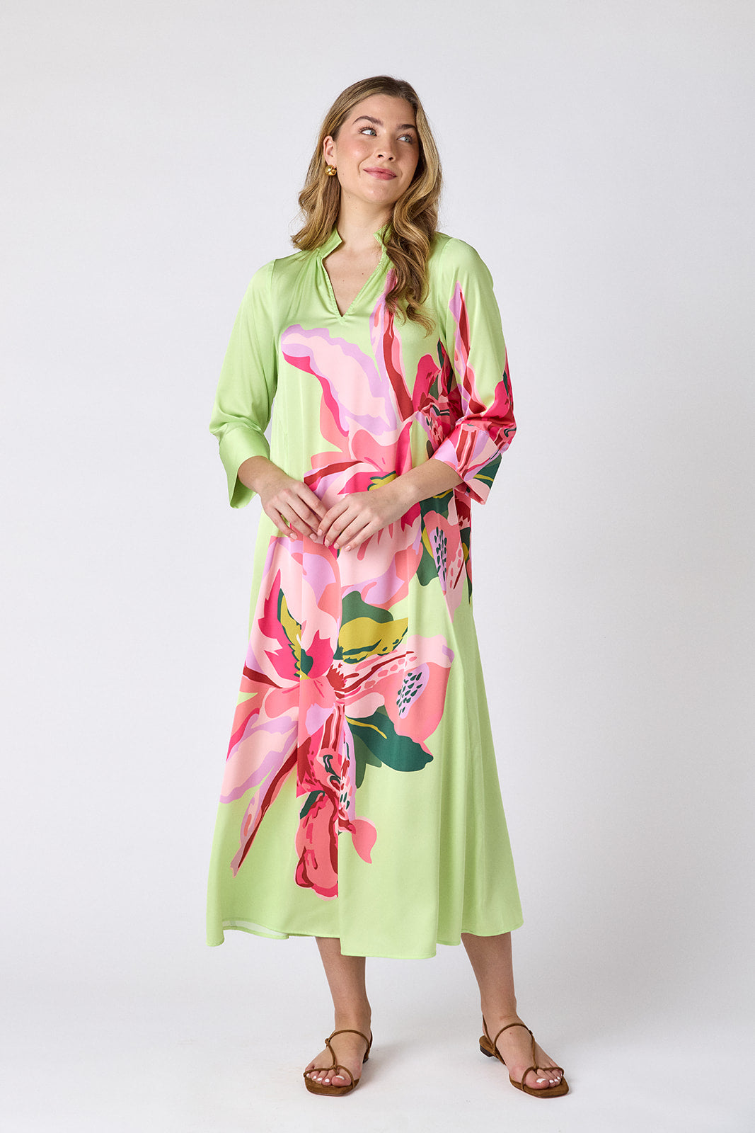 Orchid caftan style midi dress on model — CROSBY by Mollie Burch
