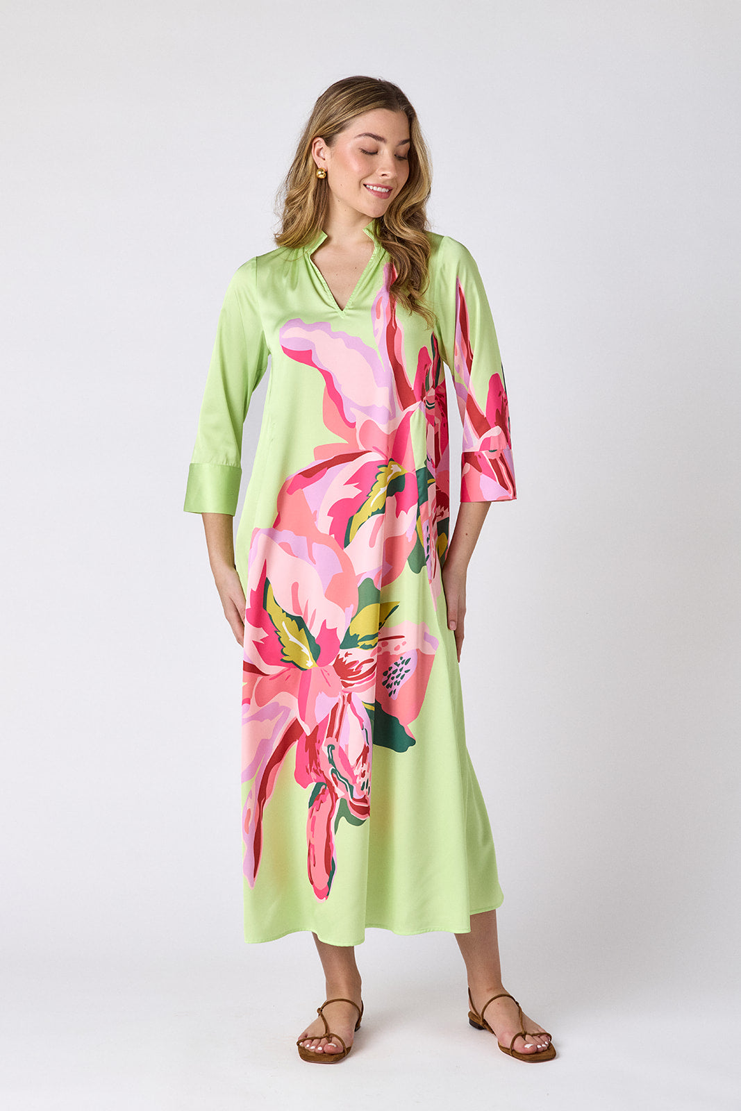 Orchid caftan style midi dress on model — CROSBY by Mollie Burch