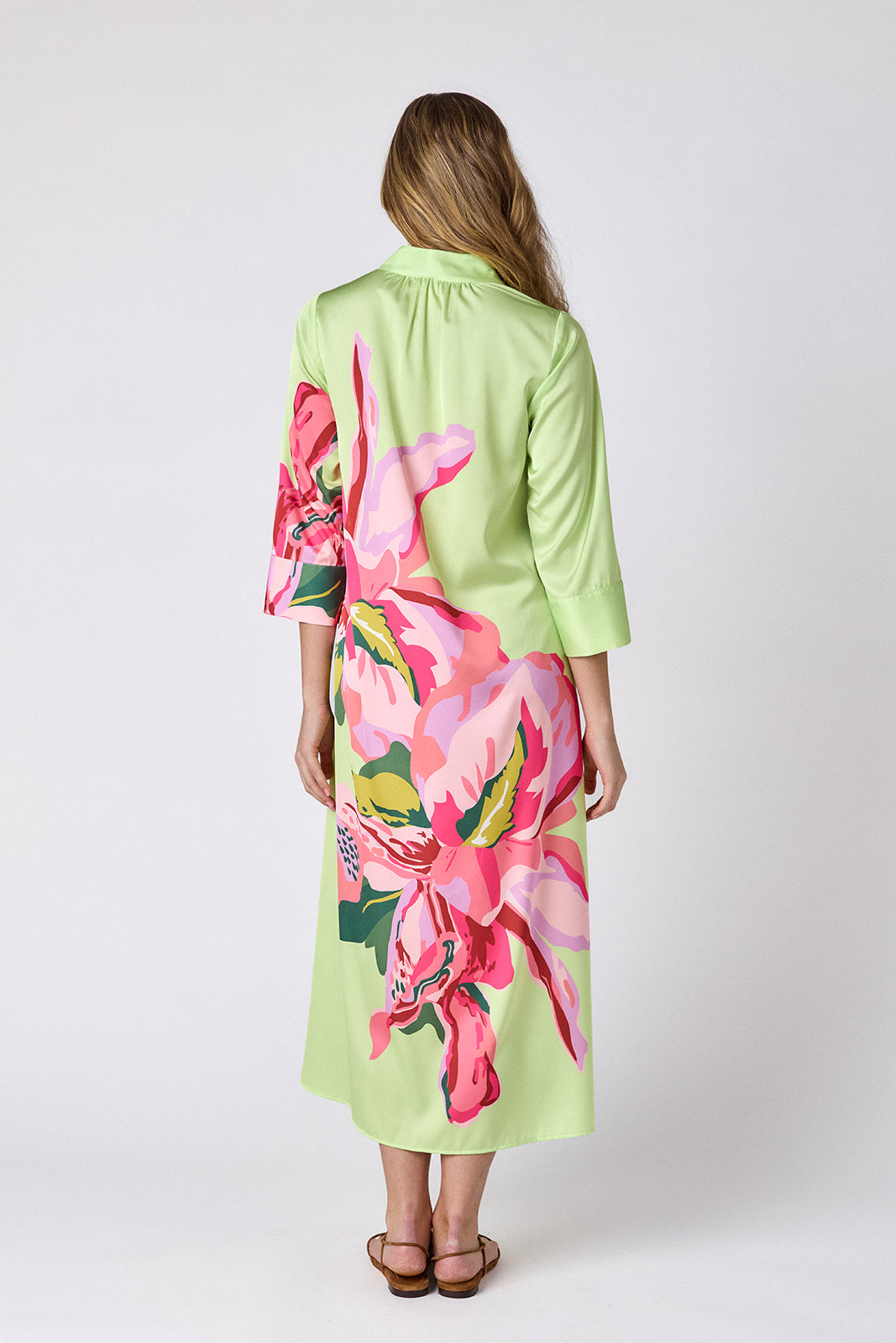 Orchid caftan style midi dress on model — CROSBY by Mollie Burch