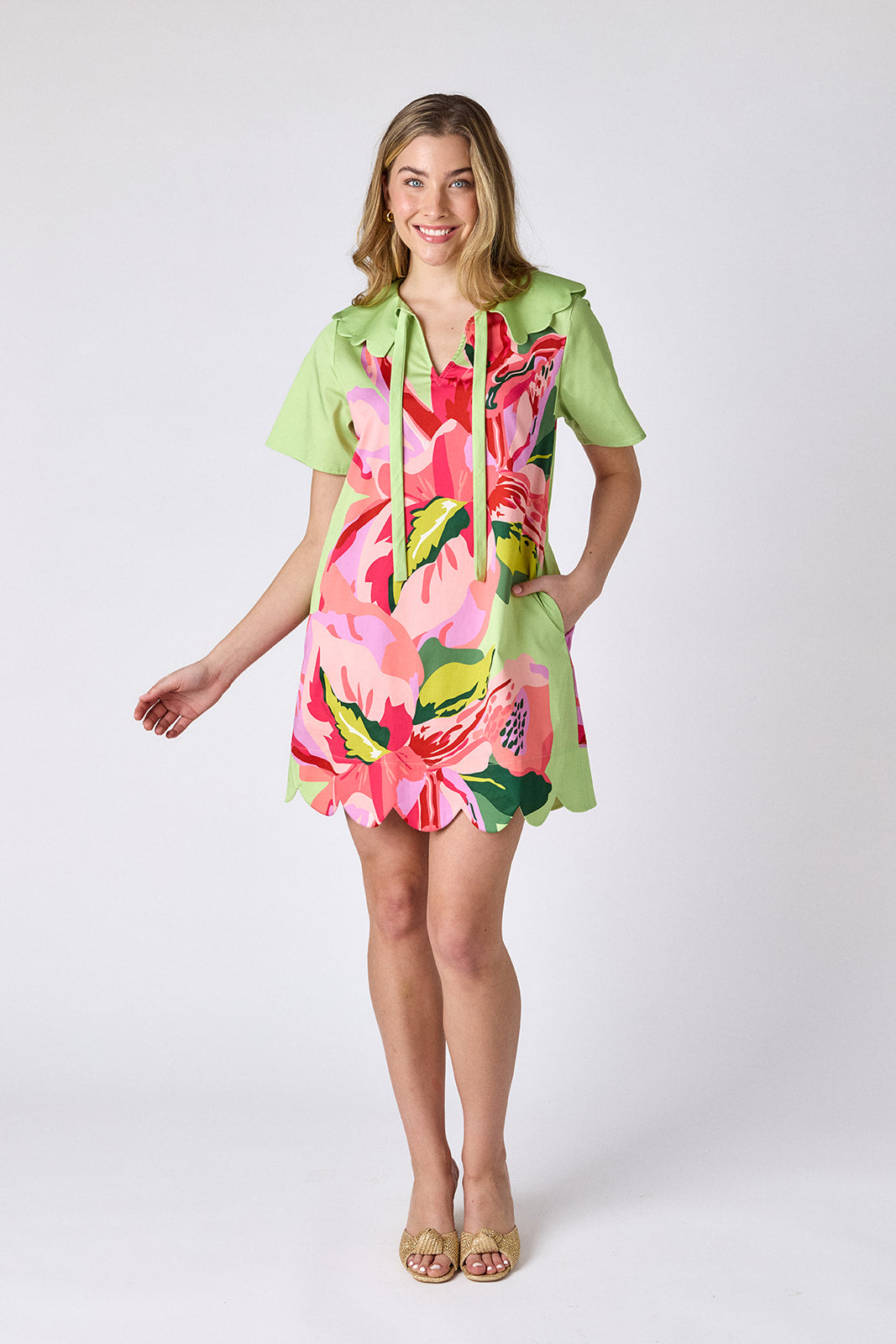 Orchid mini dress with scalloped collar and hem on model — CROSBY by Mollie Burch