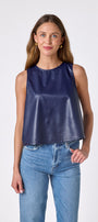 Oxford Navy boxy leather tank on model — CROSBY by Mollie Burch