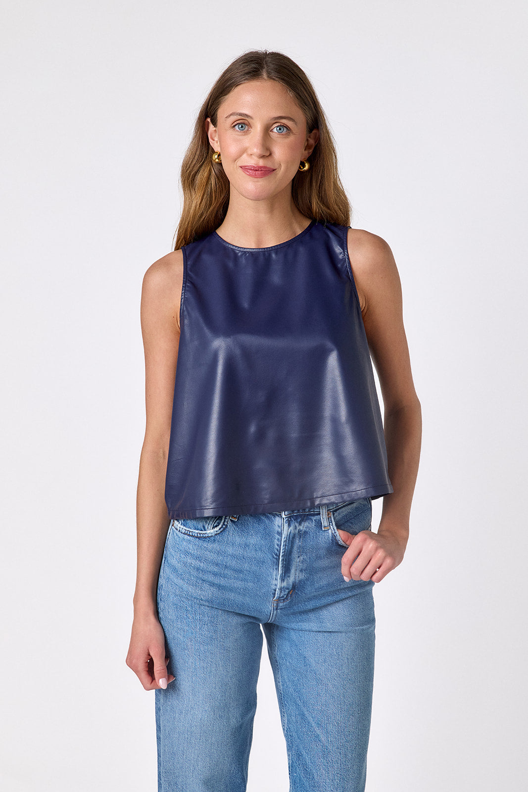 Oxford Navy boxy leather tank on model — CROSBY by Mollie Burch