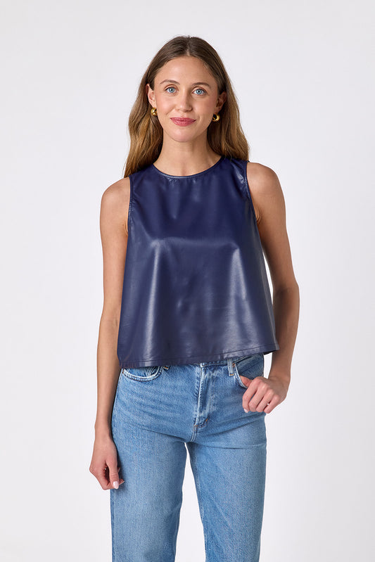 Oxford Navy boxy leather tank on model — CROSBY by Mollie Burch