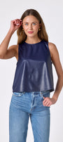 Oxford Navy boxy leather tank on model — CROSBY by Mollie Burch