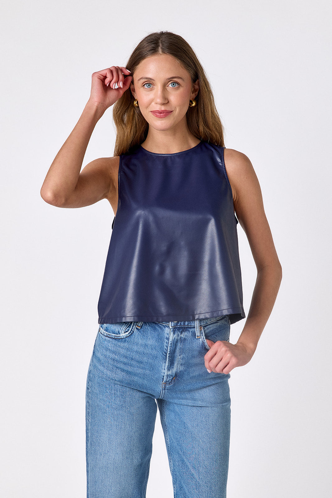 Oxford Navy boxy leather tank on model — CROSBY by Mollie Burch