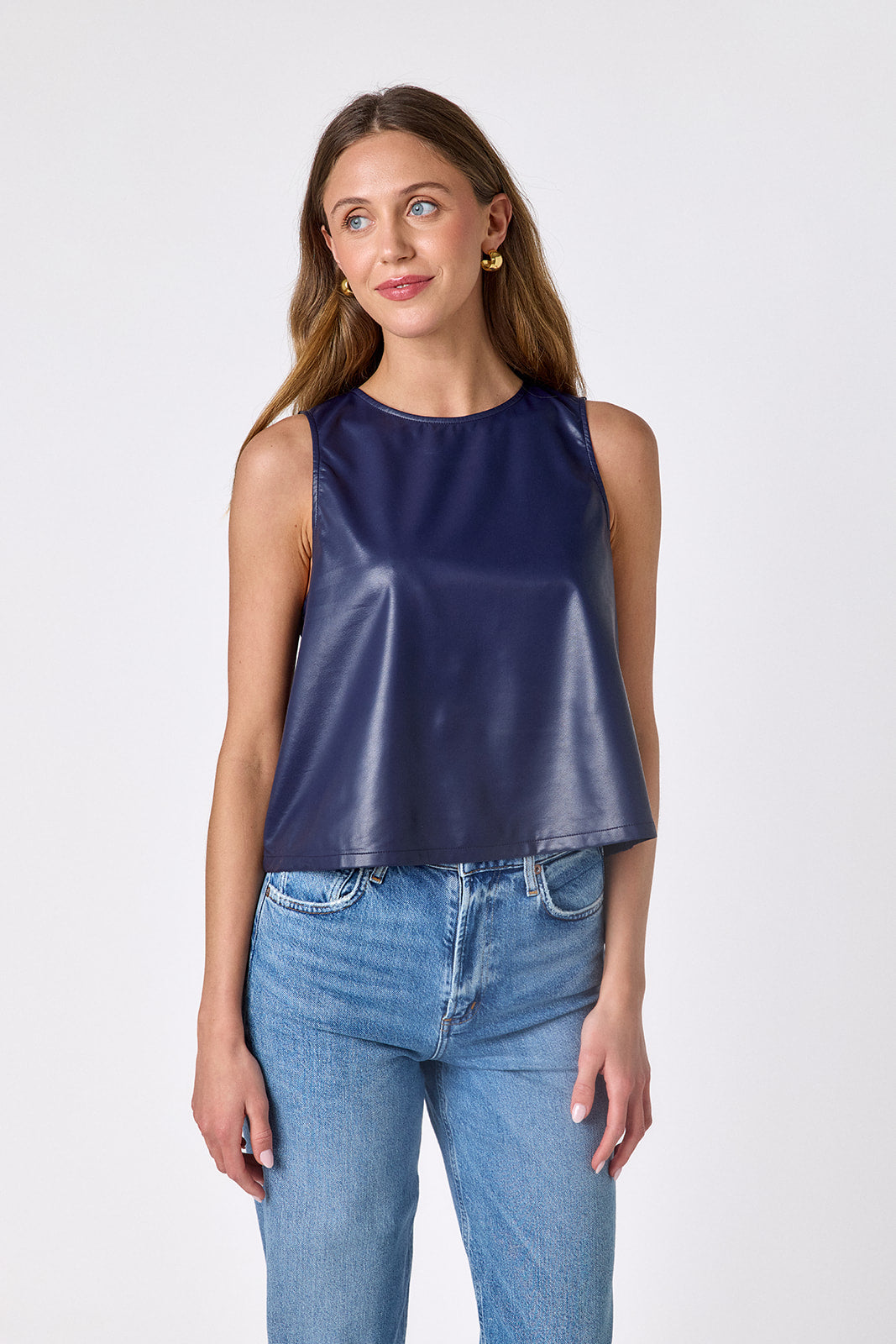 Oxford Navy boxy leather tank on model — CROSBY by Mollie Burch