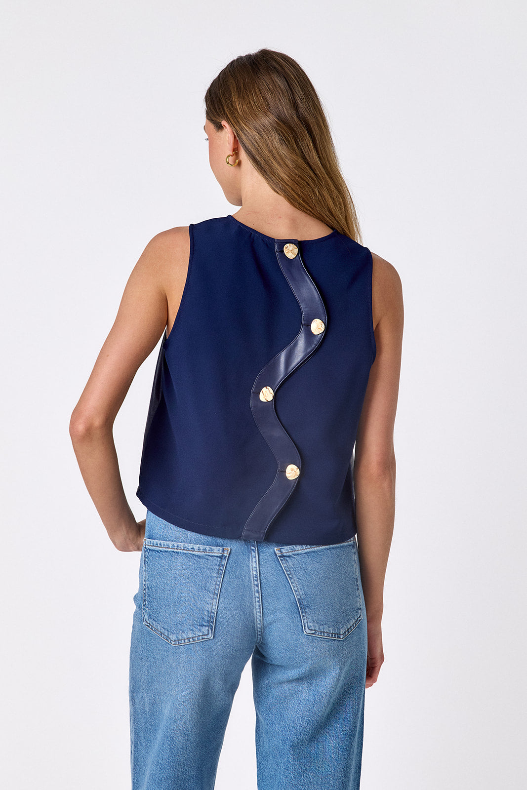 Oxford Navy boxy leather tank on model — CROSBY by Mollie Burch
