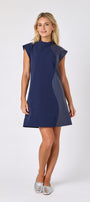 Oxford Navy A-line dress with faux leather detail on model — CROSBY by Mollie Burch