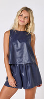 Oxford Navy boxy leather tank with matching short on model — CROSBY by Mollie Burch