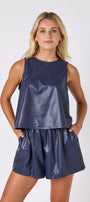 Oxford Navy leather shorts with matching boxy tank on model — CROSBY by Mollie Burch