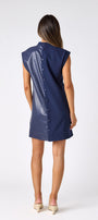Oxford Navy A-line dress with faux leather detail on model — CROSBY by Mollie Burch