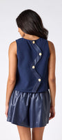 Oxford Navy leather shorts with matching boxy tank on model — CROSBY by Mollie Burch