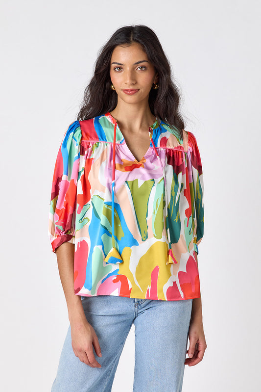 Painted Petals 3/4 balloon sleeve top on model — CROSBY by Mollie Burch