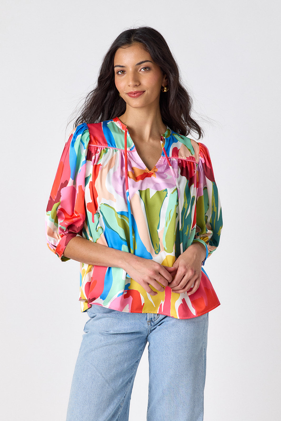 Painted Petals 3/4 balloon sleeve top on model — CROSBY by Mollie Burch
