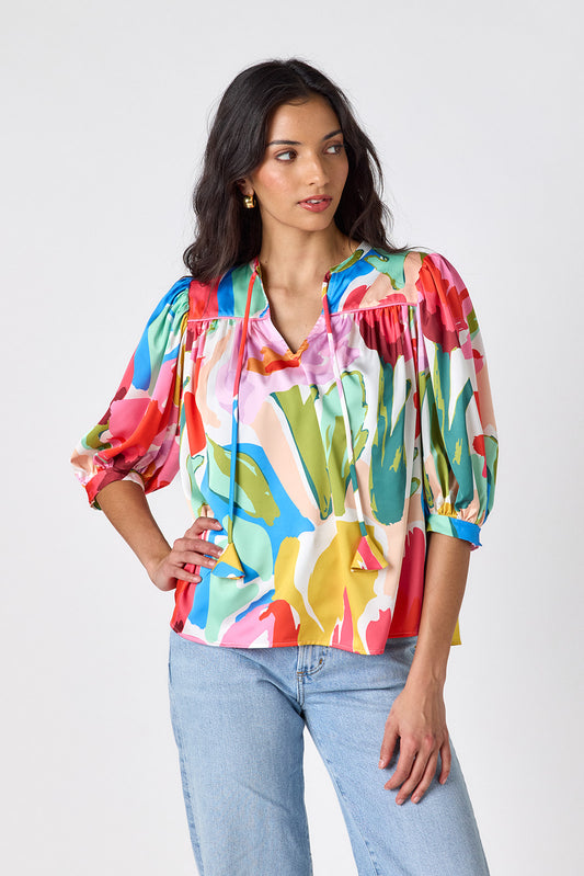 Painted Petals 3/4 balloon sleeve top on model — CROSBY by Mollie Burch